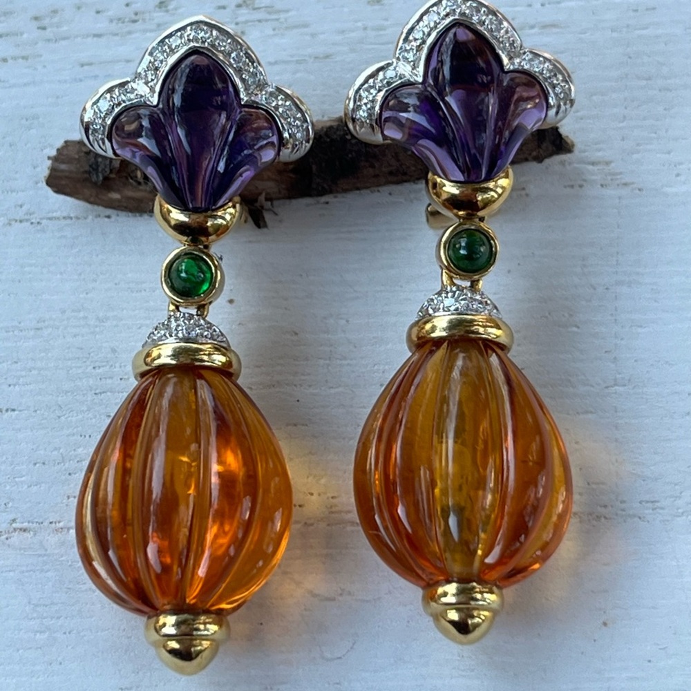 18K Yellow Gold 750 carved  Amethyst Citrine Diamond Garnet Dangle Drop Earrings
